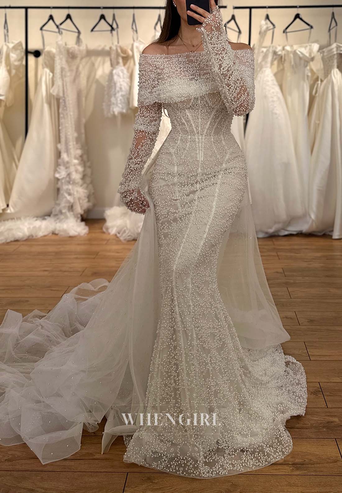 Graceful Off Shoulder Pearls Beading Mermaid Wedding Dress with Long Removable sleeves and Court Train