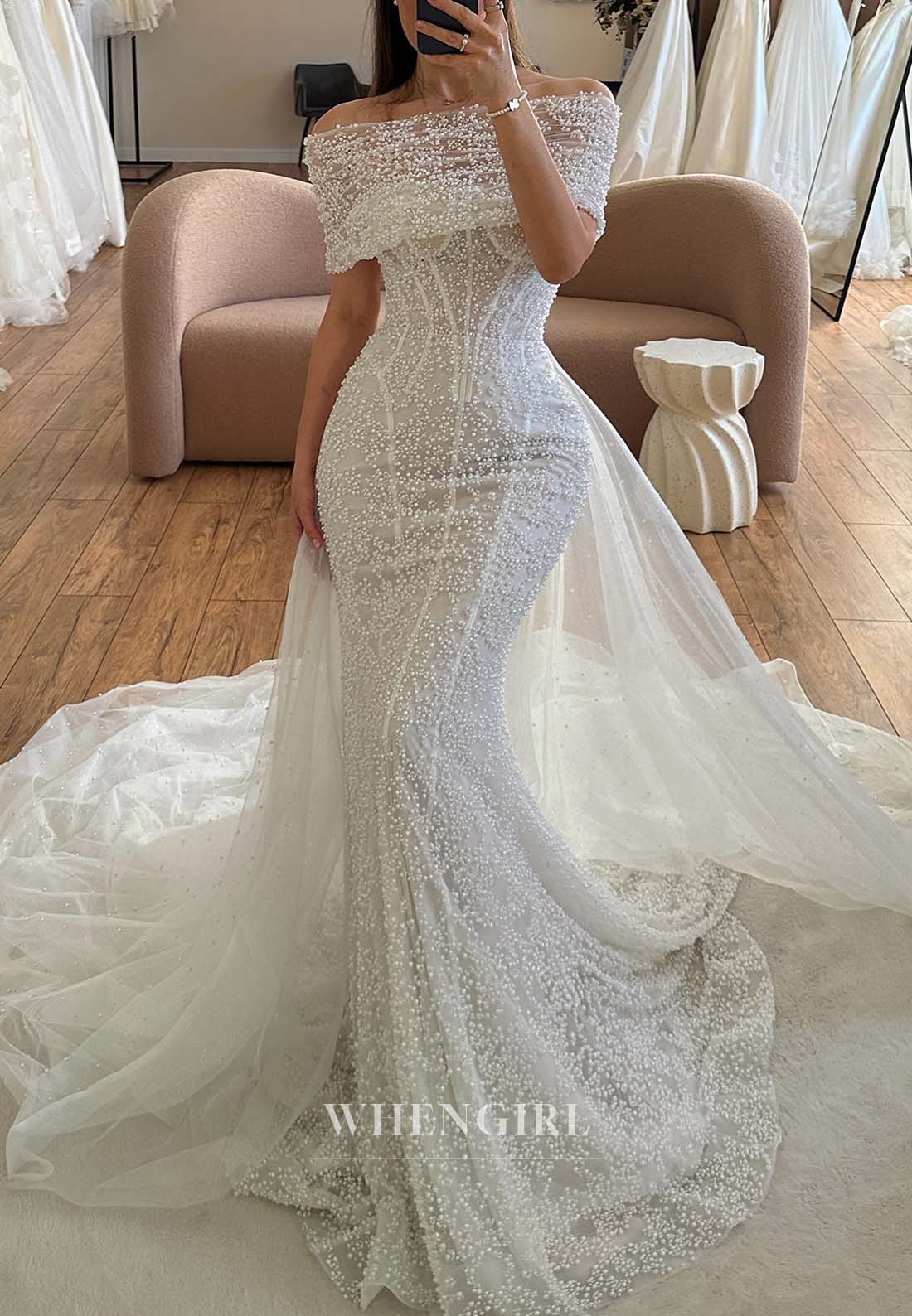 Graceful Off Shoulder Pearls Beading Mermaid Wedding Dress with Long Removable sleeves and Court Train