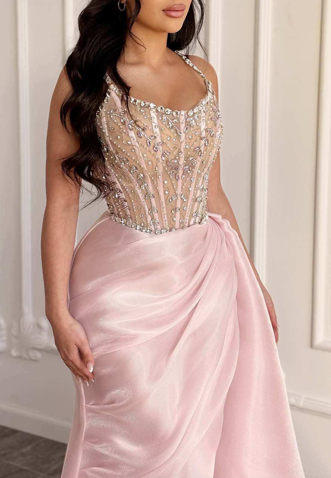 Light Pink Sleeveless Rhinestone Beaded Ruched Sheath Sweep Train Evening Gown Formal Gown