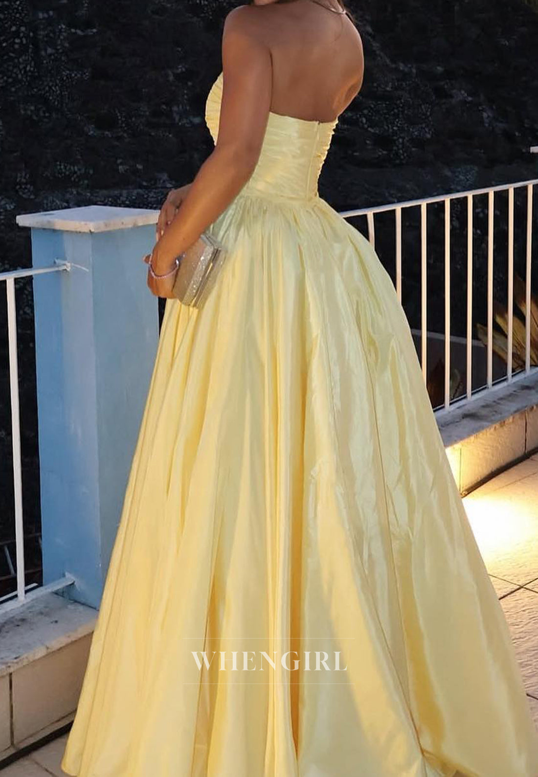 Classic A-Line Sleeveless Tube Top Ruched Satin Long Evening Party Gowns with Pockets