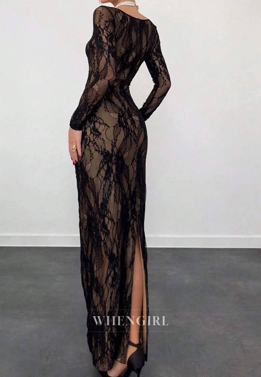 Sexy Square Neck Long Sleeves Sheath Black Lace Formal Prom Dress with Appliques