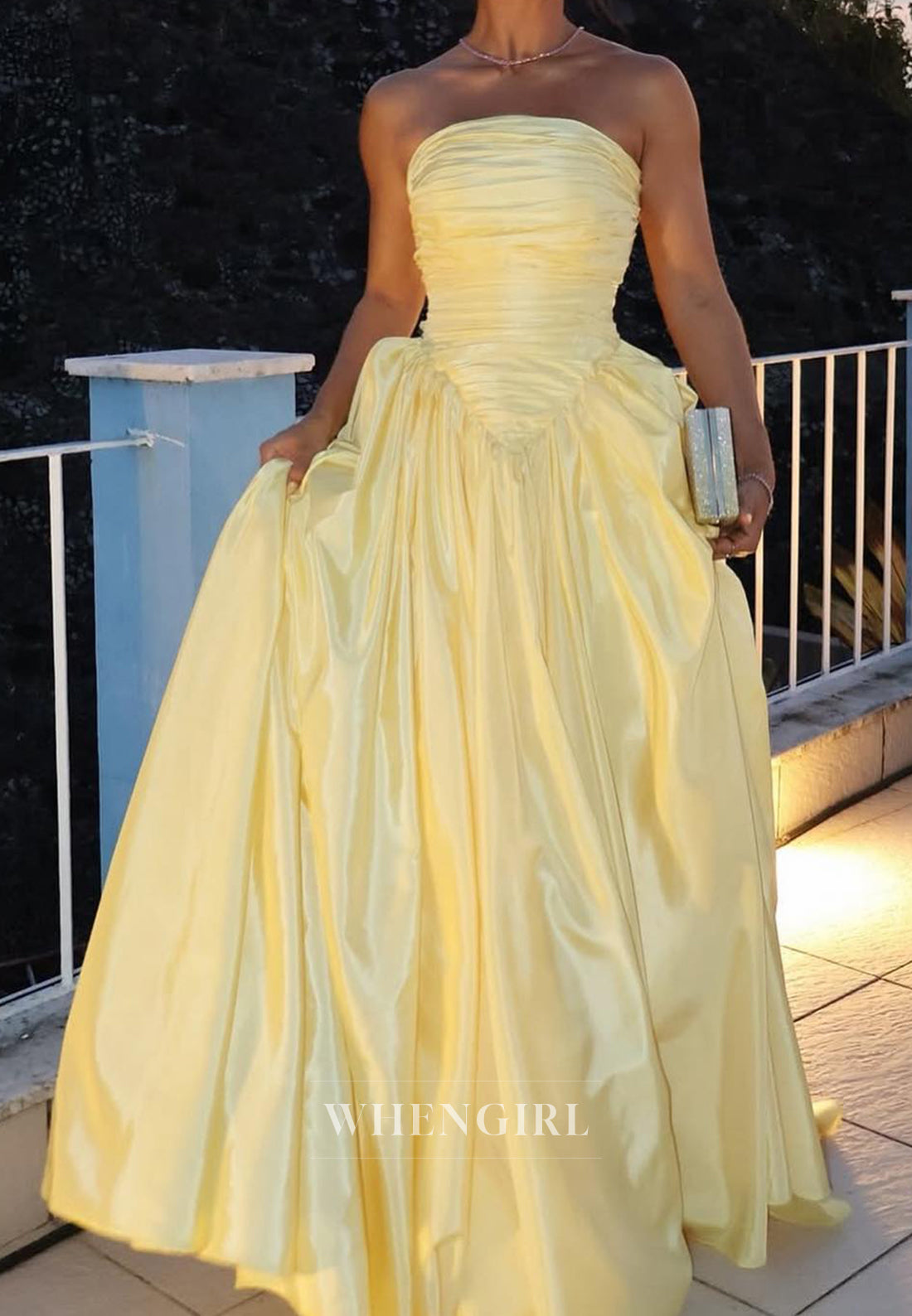 Classic A-Line Sleeveless Tube Top Ruched Satin Long Evening Party Gowns with Pockets