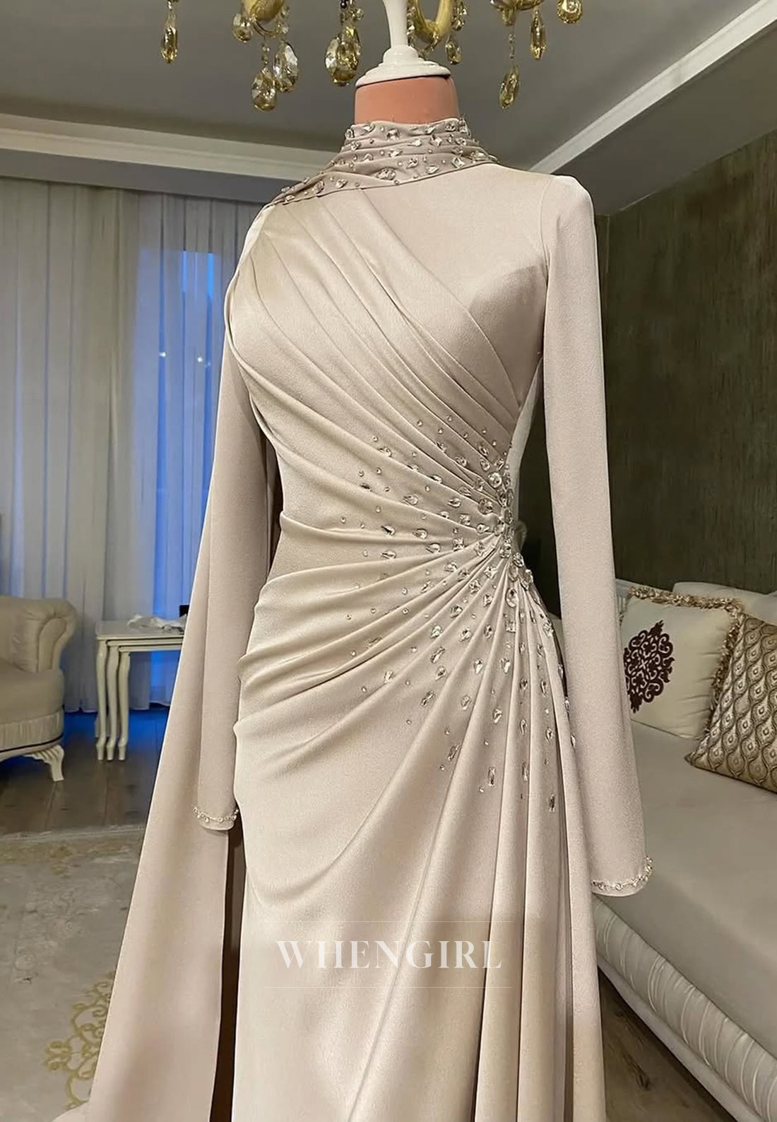 Beige High Neck Pleated Beading Satin Sheath Long Sleeves Formal Evening Dress with Side Train