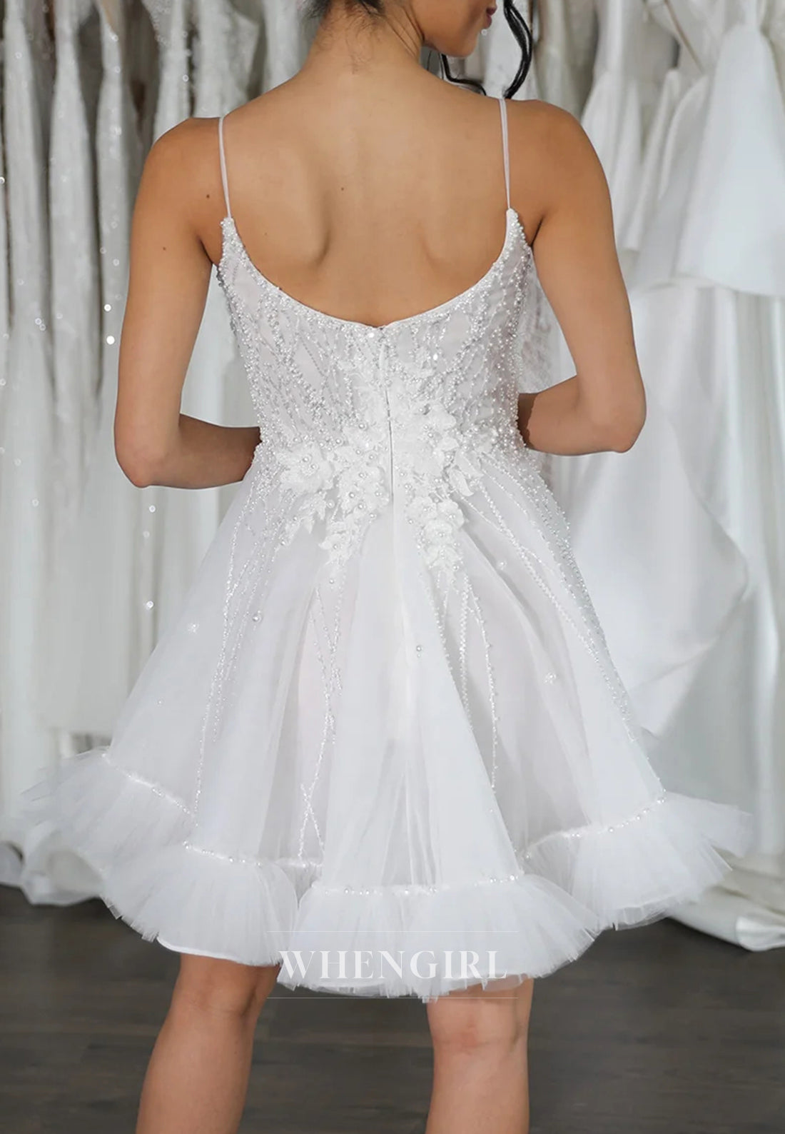Pearls Beading Frill Hem Scoop Neck Floral A-Line Sleeveless Tulle Short Wedding Dress