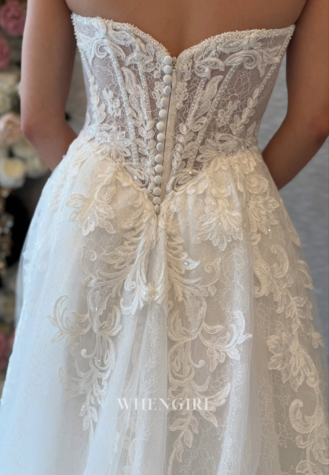 A-Line Strapless Appliqued Lace Corset Sleeveless Beaded Side Slit Wedding Dress with Chapel Train