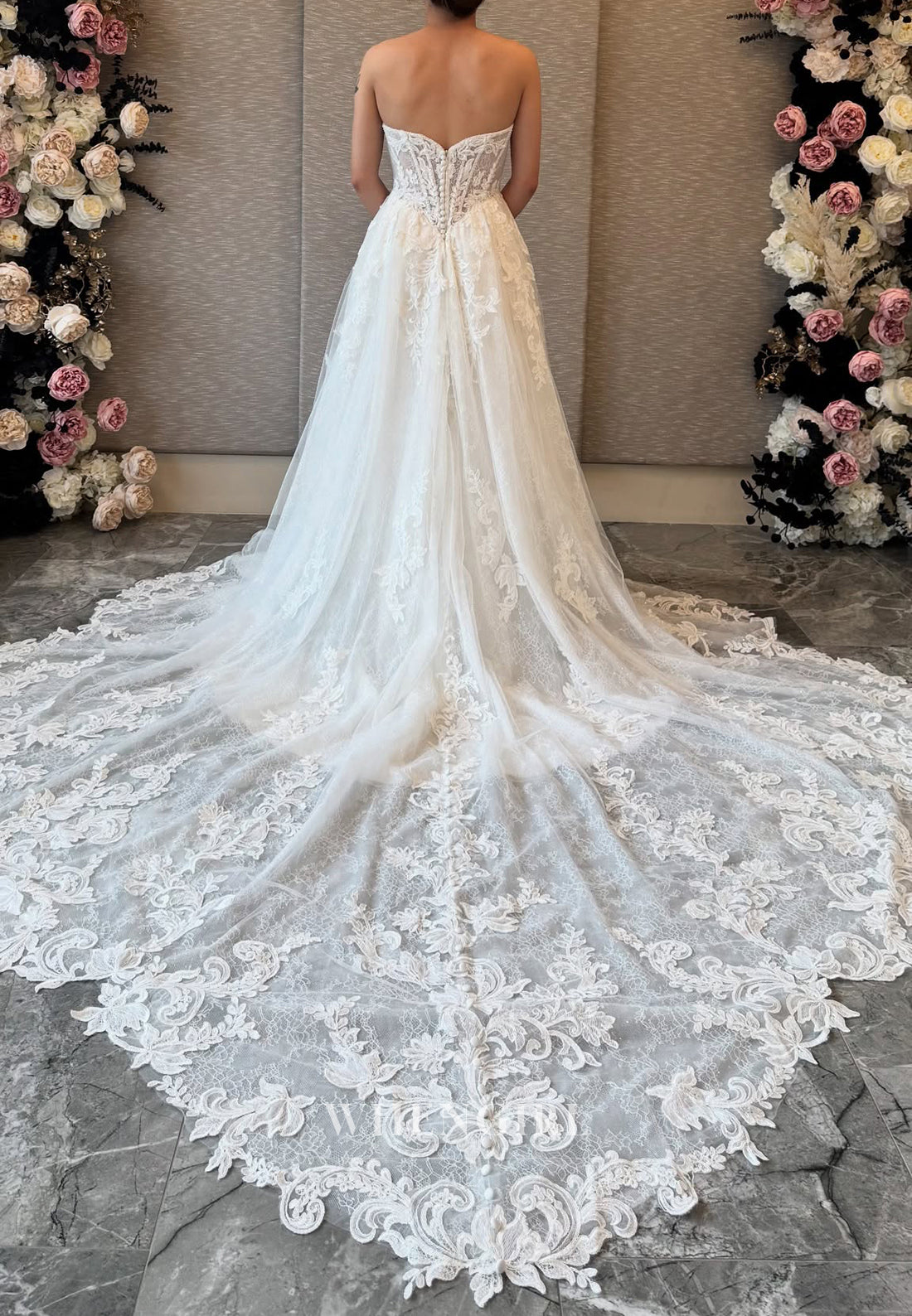 A-Line Strapless Appliqued Lace Corset Sleeveless Beaded Side Slit Wedding Dress with Chapel Train