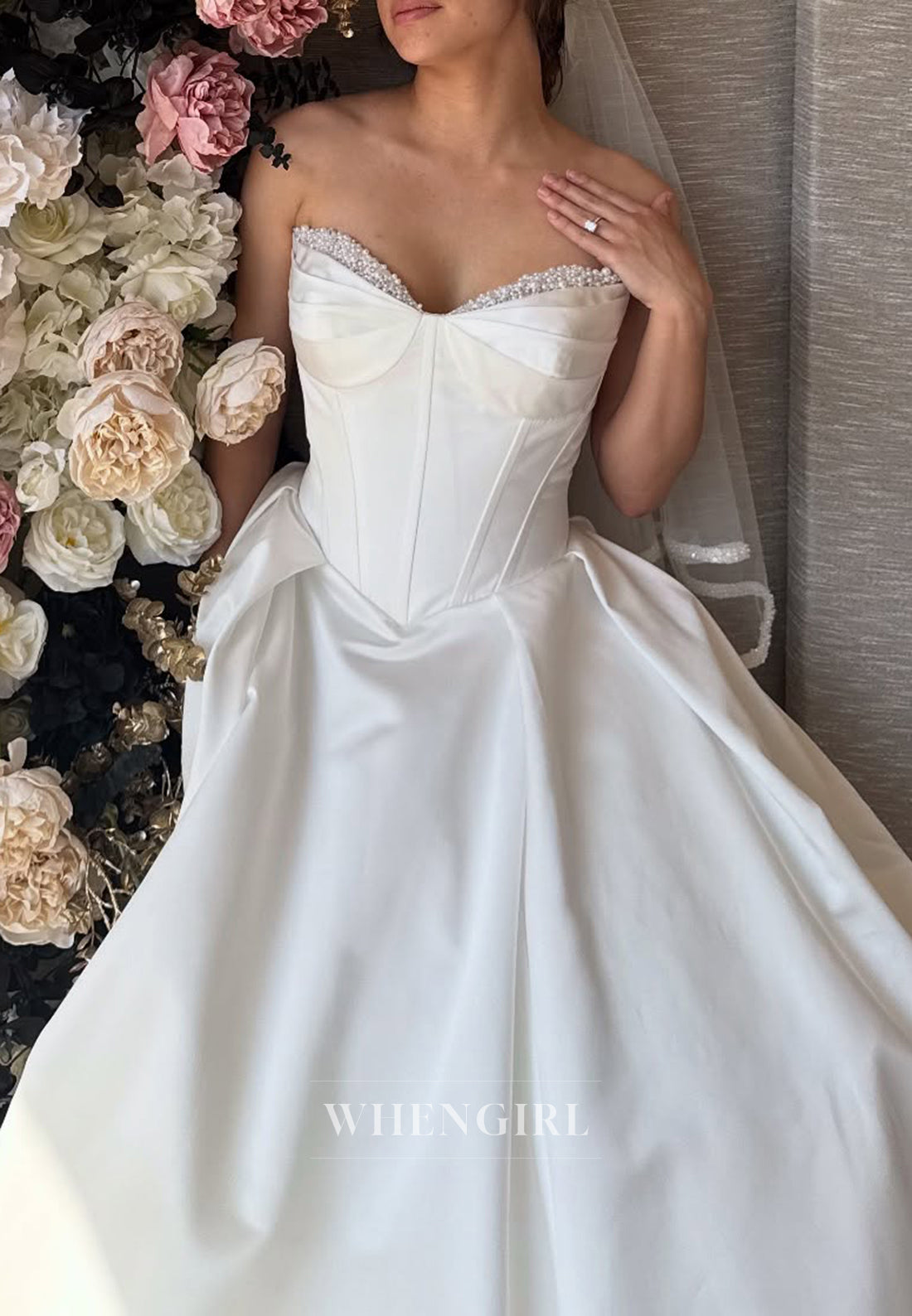 Pearls Beading Pleated Sweetheart Sleeveless Satin A-Line Wedding Dress with Trian