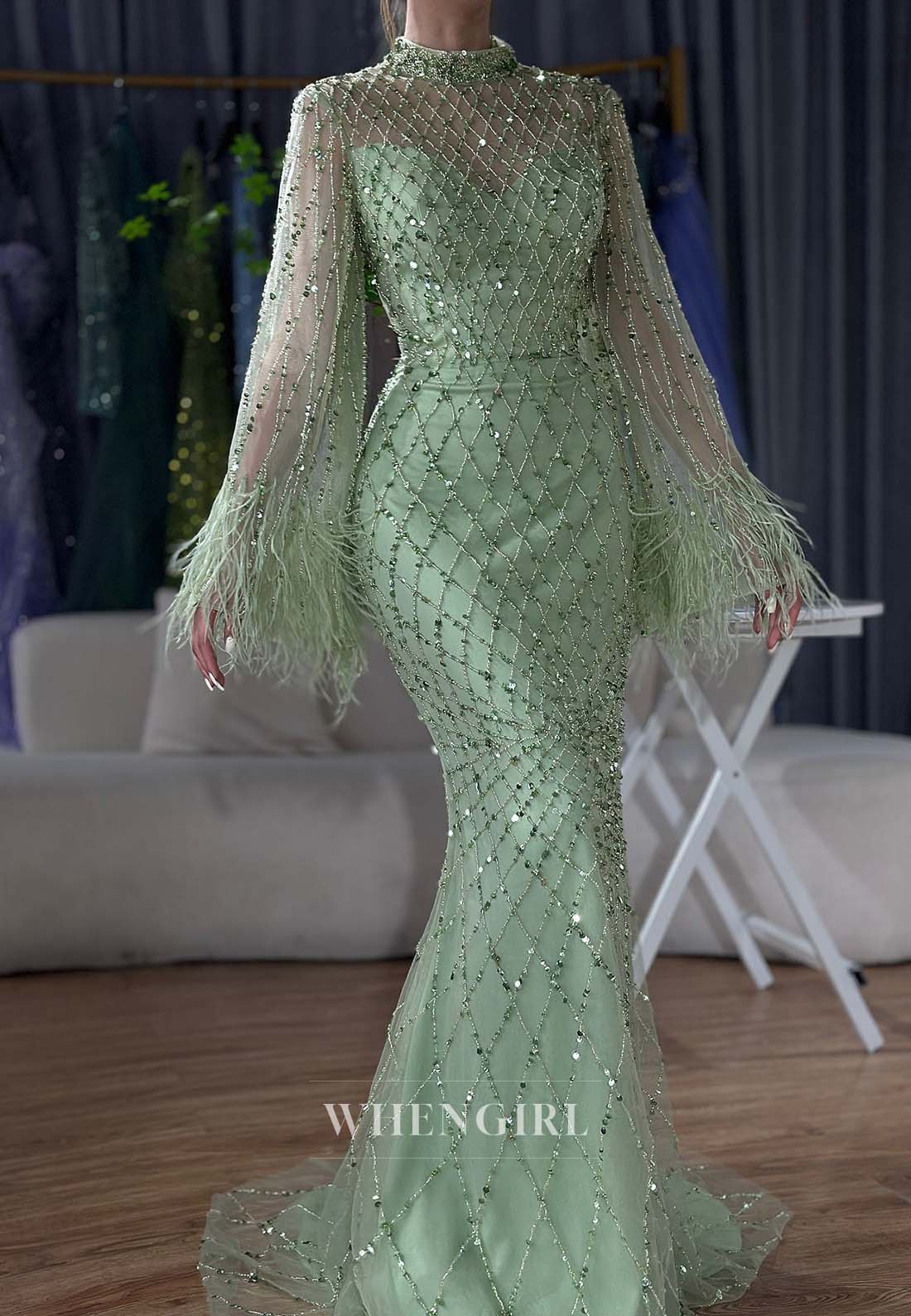 Mint Green High Neck Beaded Bell Sleeves Formal Dress Feather Sweep Train Mermaid Evening Gown