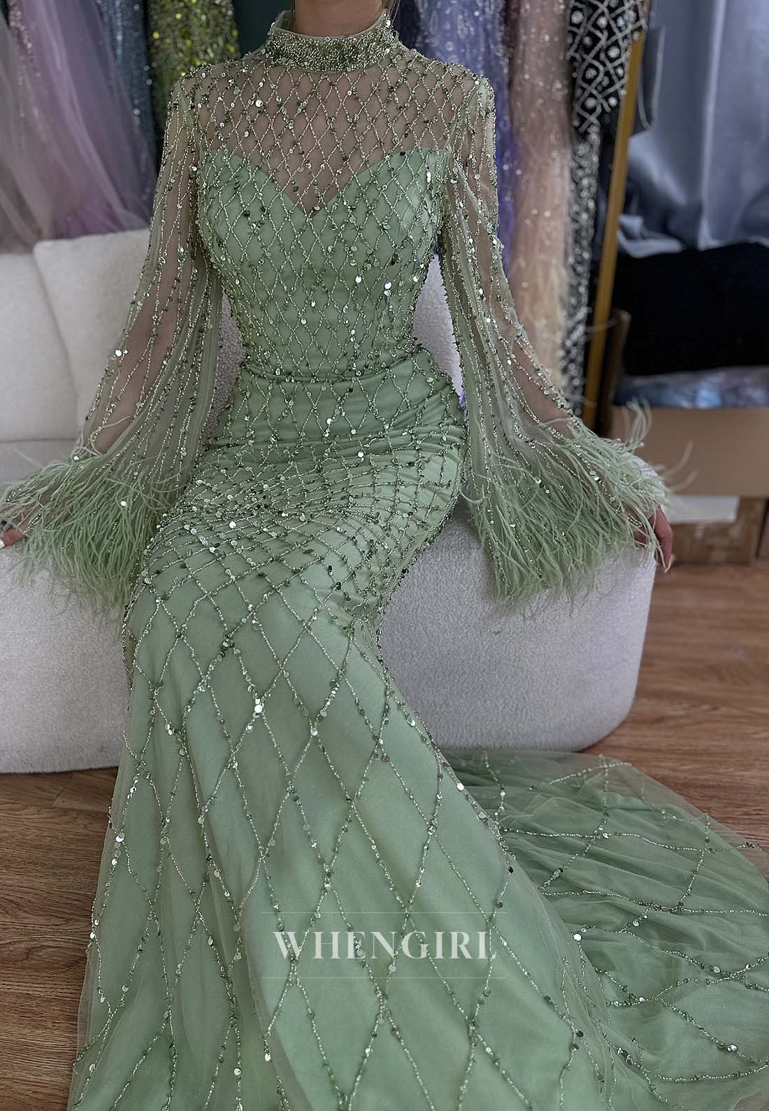 Mint Green High Neck Beaded Bell Sleeves Formal Dress Feather Sweep Train Mermaid Evening Gown