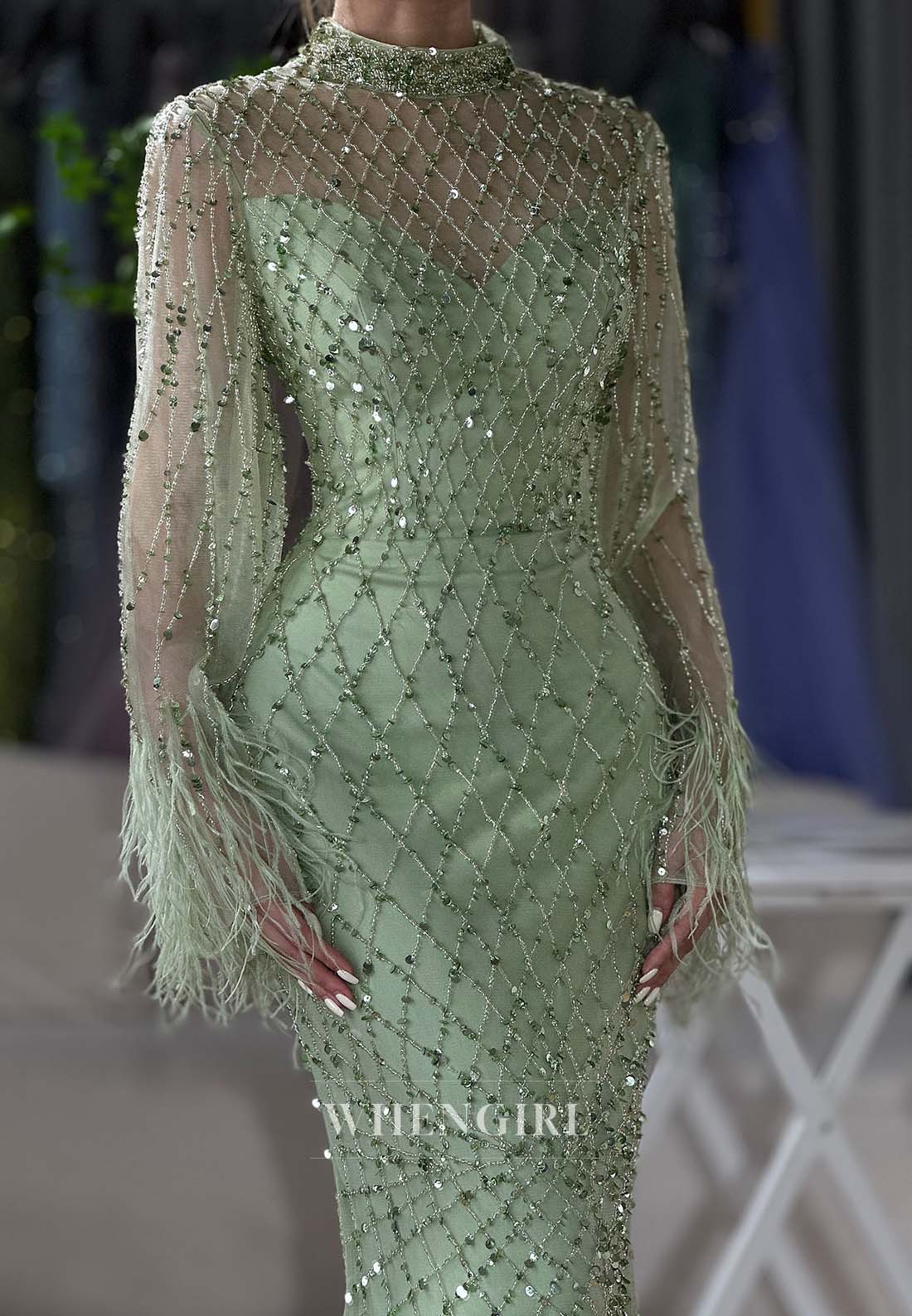 Mint Green High Neck Beaded Bell Sleeves Formal Dress Feather Sweep Train Mermaid Evening Gown