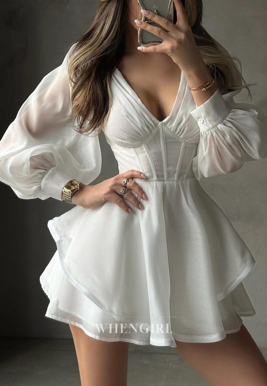 White V Neck Long Sleeves A-Line Short Homecoming Dress