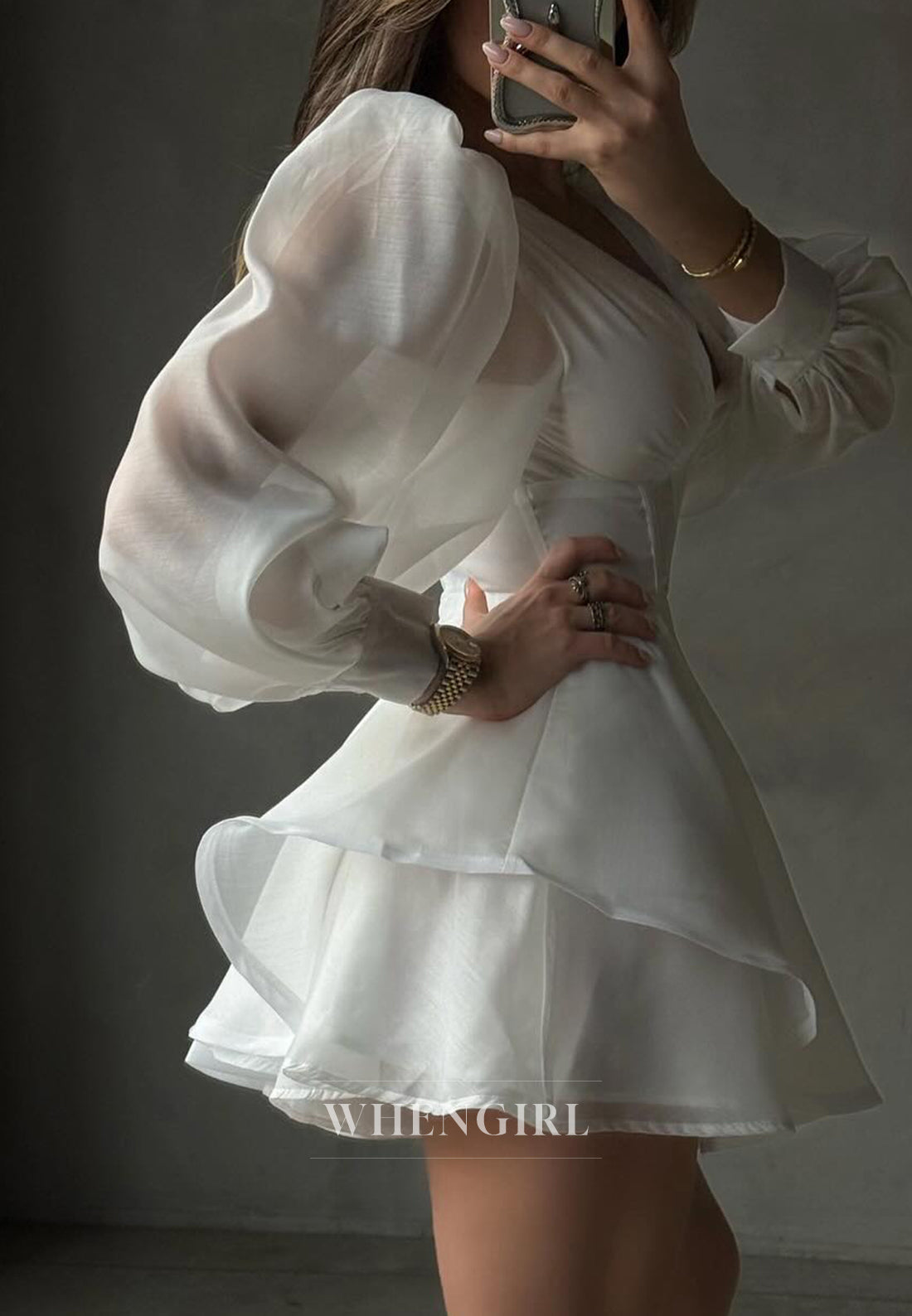 White V Neck Long Sleeves A-Line Short Homecoming Dress