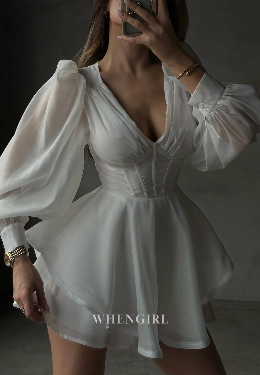 White V Neck Long Sleeves A-Line Short Homecoming Dress