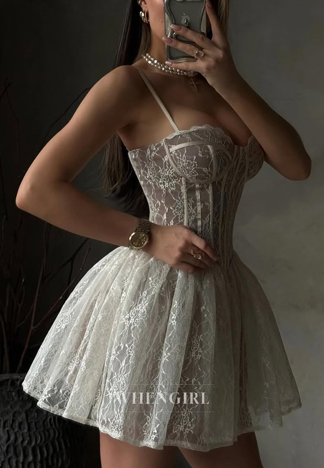 A-Line Ivory Sweetheart Embroidery Lace Spaghetti Straps Sleeveless Short Homecoming Dress