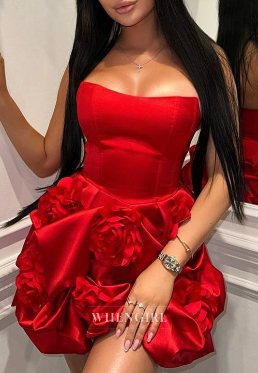 Red Tube Top Sleeveless 3D Flowers Sheath Pleated Satin Short Homecoming Dress