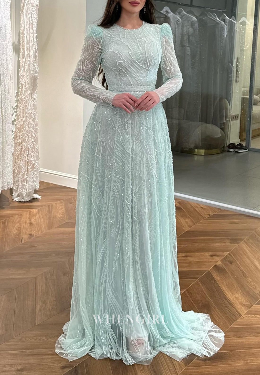 Blue Bateau Neck Long Sleeves Beaded Sheath Long Formal Evening Dress with Train