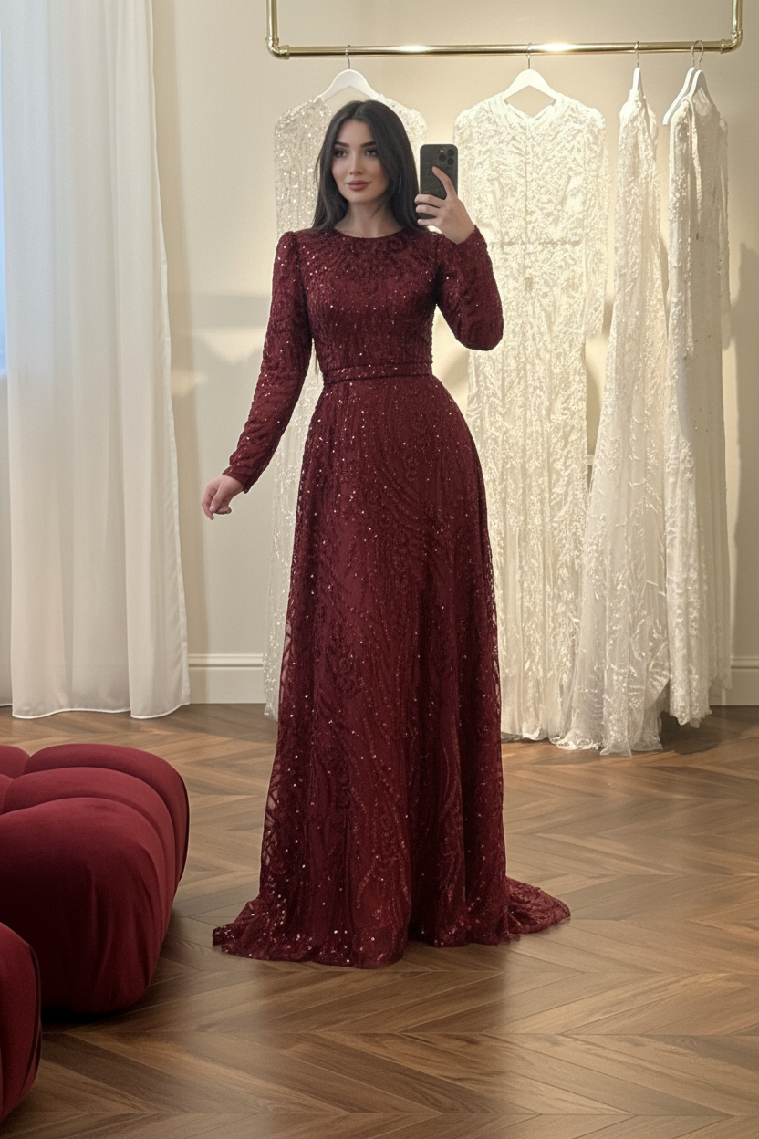 Soft Blush A-Line Bateau Long Sleeves Beaded Sweep Train Evening Formal Dress