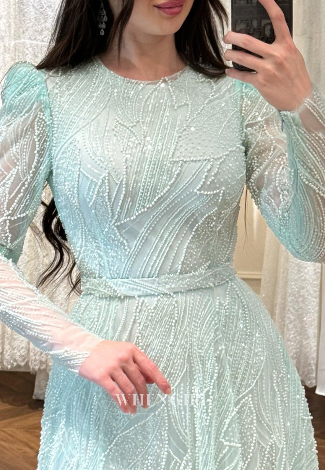 Blue Bateau Neck Long Sleeves Beaded Sheath Long Formal Evening Dress with Train