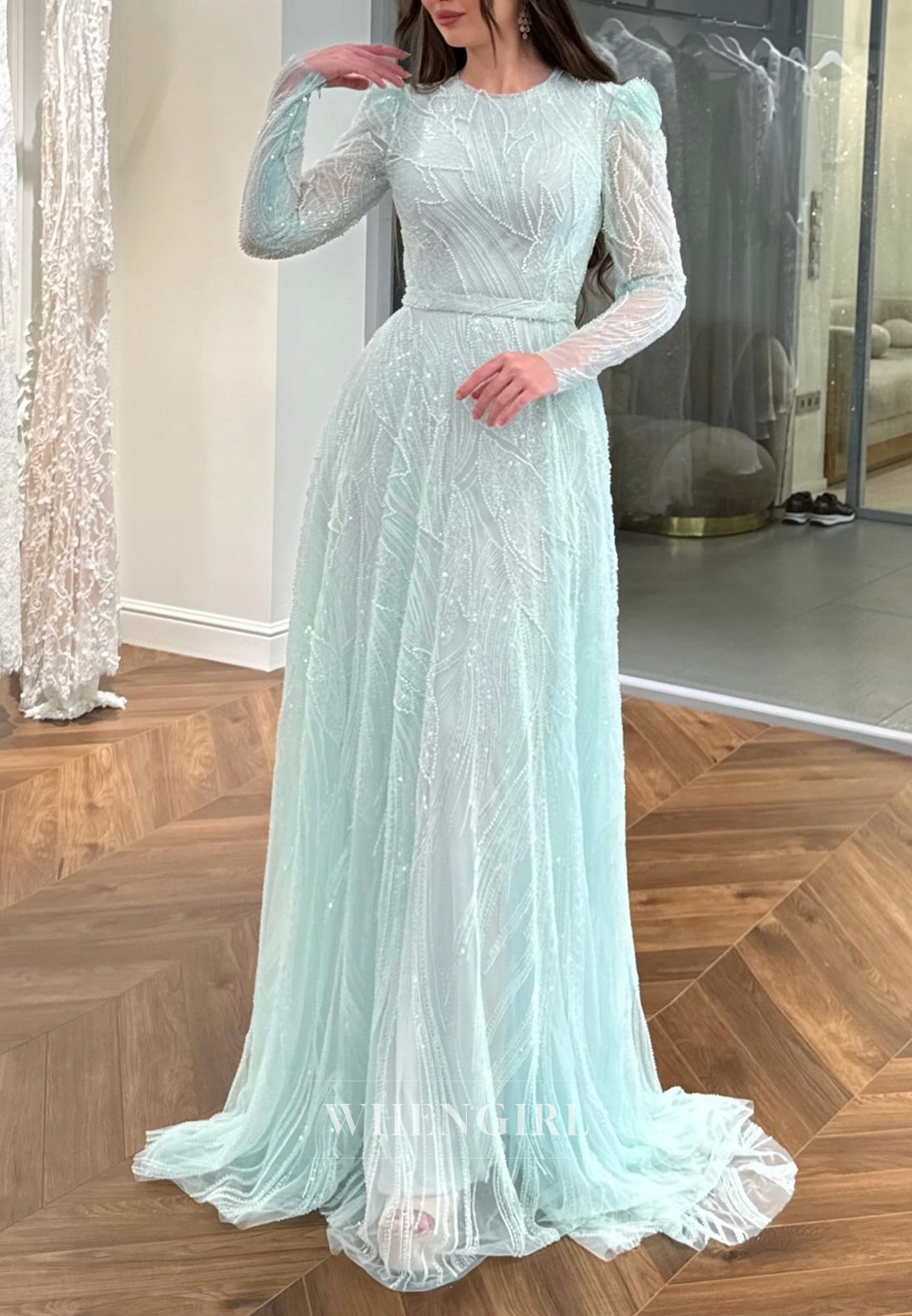 Blue Bateau Neck Long Sleeves Beaded Sheath Long Formal Evening Dress with Train
