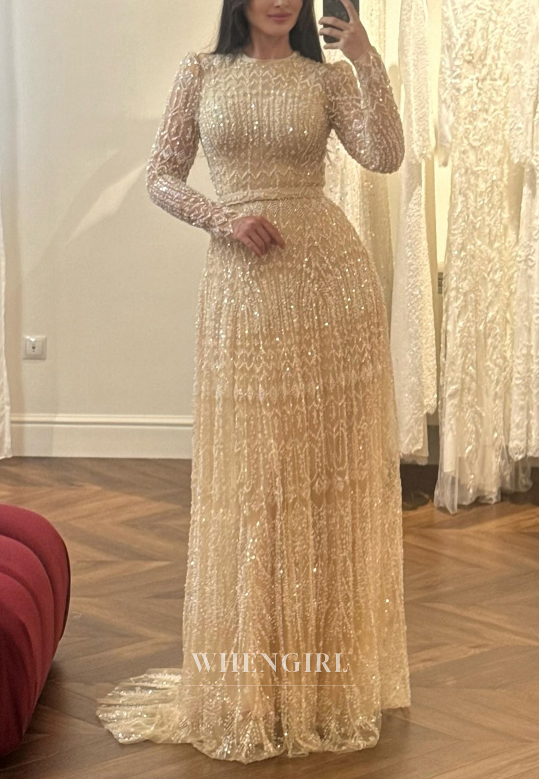 Sheath Long Sleeves Bateau Neck Beaded Sweep Trian Evening Formal Dress
