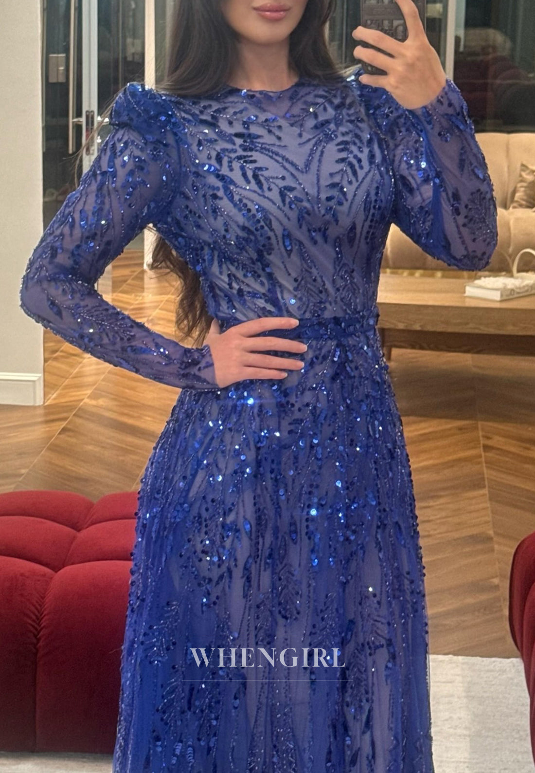 Royal Blue Beaded Sheath Long Sleeves Sweep Train Bateau Neck Evening Formal Dress