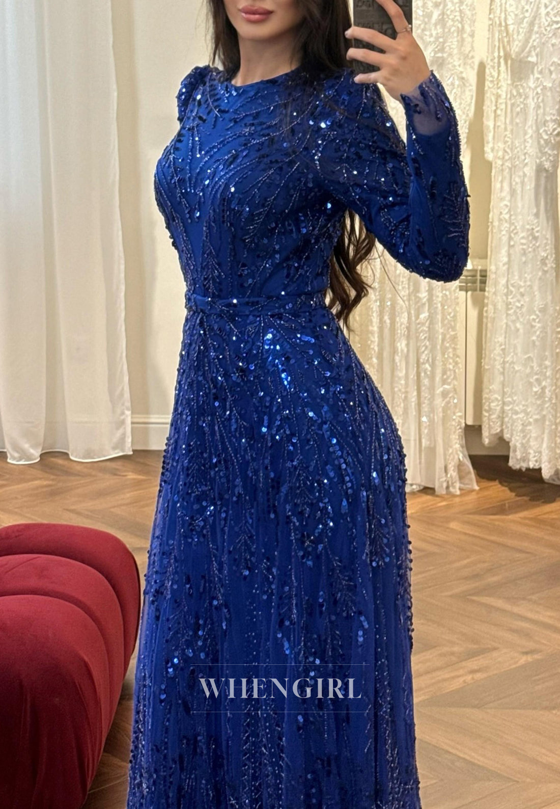 Royal Blue Beaded Sheath Long Sleeves Sweep Train Bateau Neck Evening Formal Dress