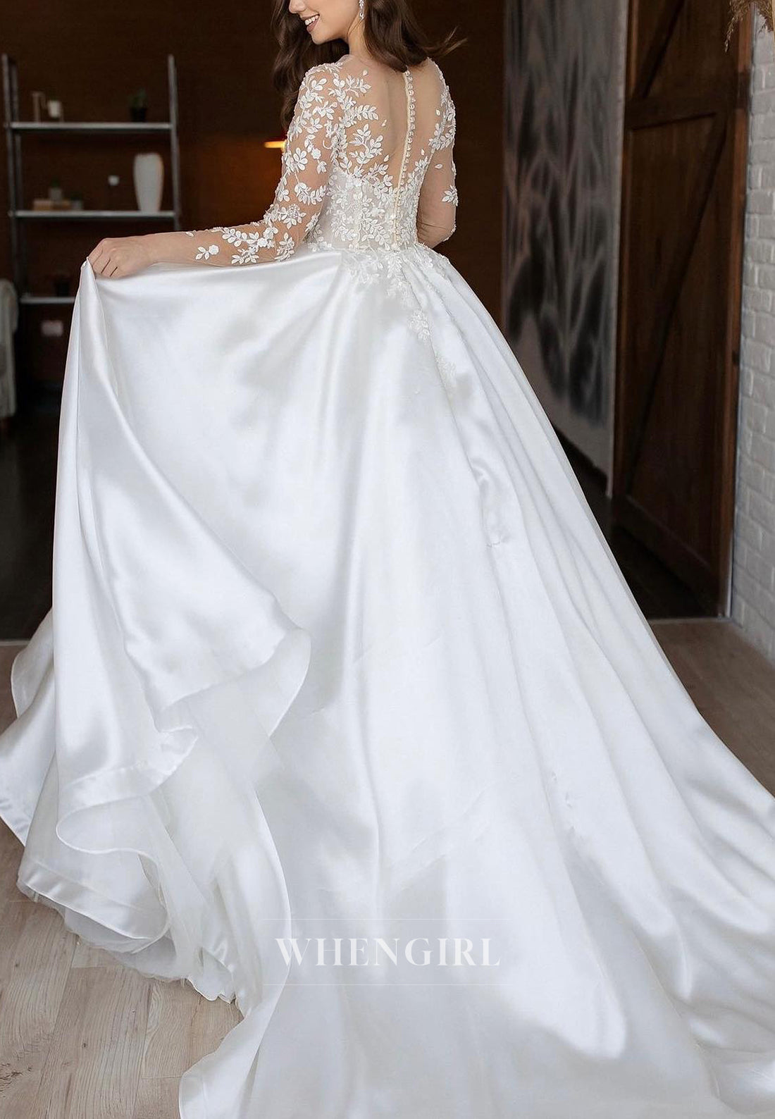 V Neck Long Sleeves Appliqued Lace A-Line Satin Court Train Wedding Dress