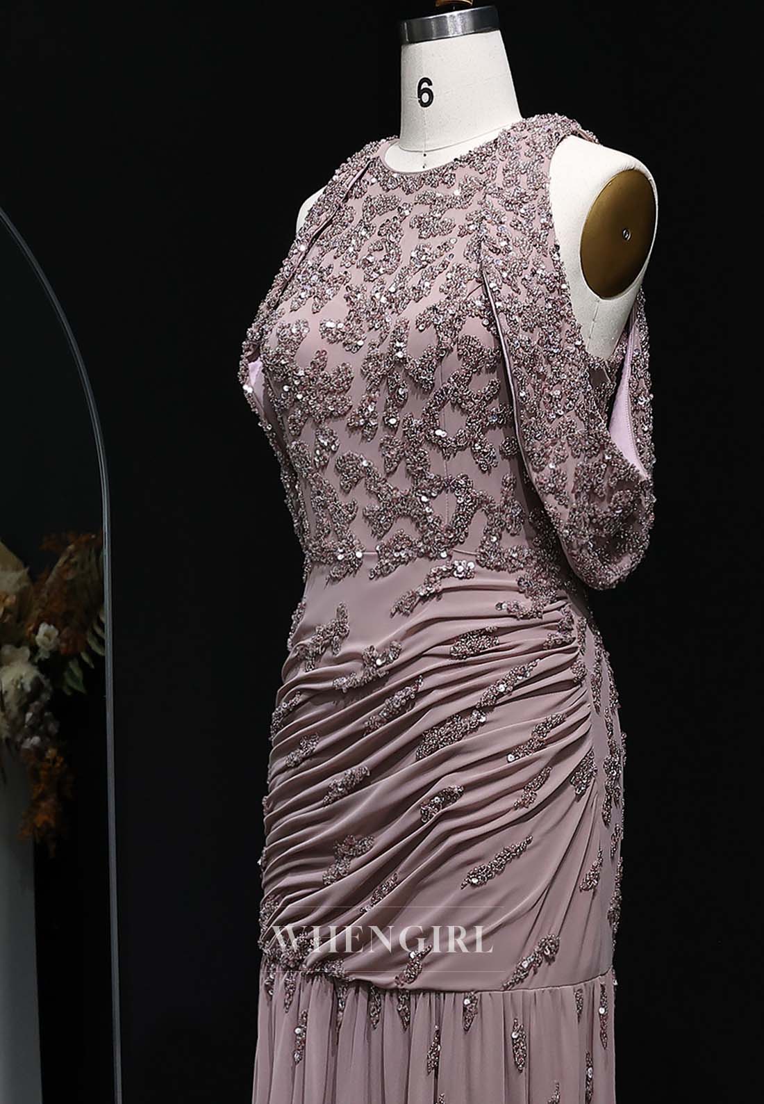 Wisteria Bateau Neck Sleeveless Formal Gown Beaded Pleated Floor Length Column Evening Dress