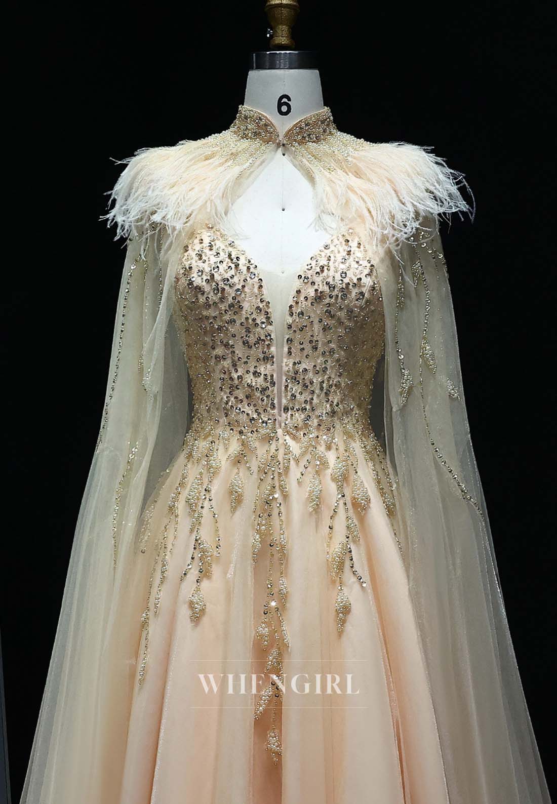 Champagne V Neck Sleeveless Pearl Beaded Feather A-Line Formal Evening Dress