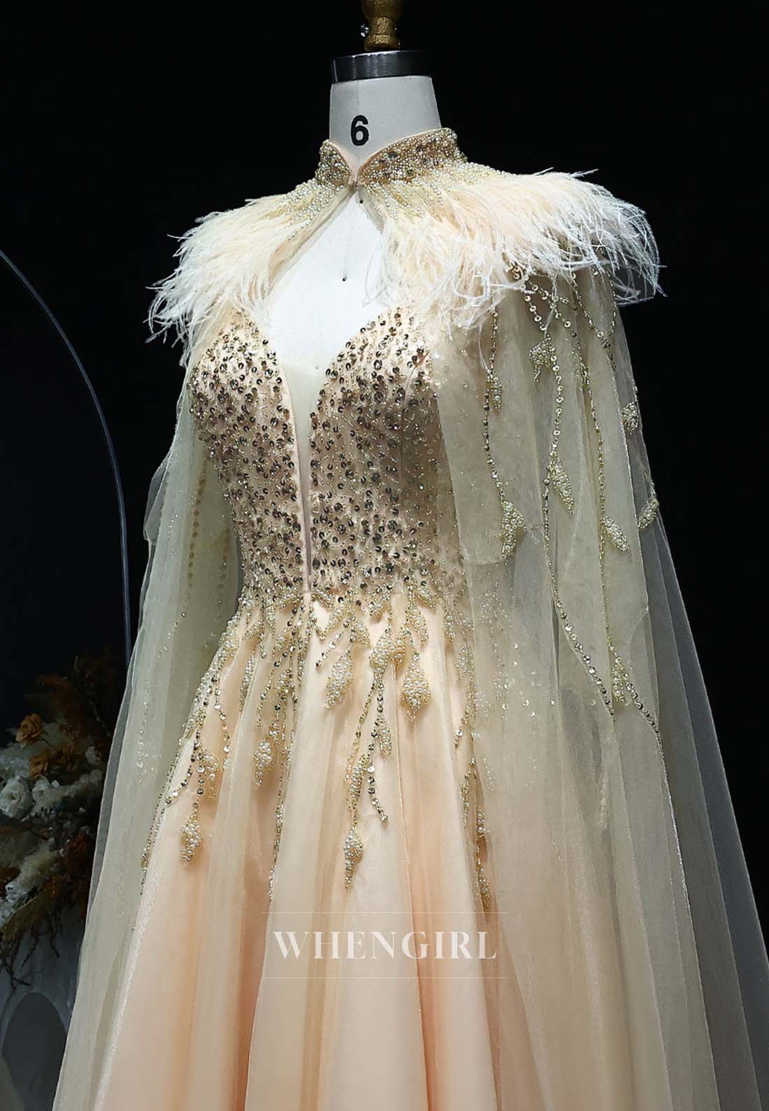 Champagne V Neck Sleeveless Pearl Beaded Feather A-Line Formal Evening Dress