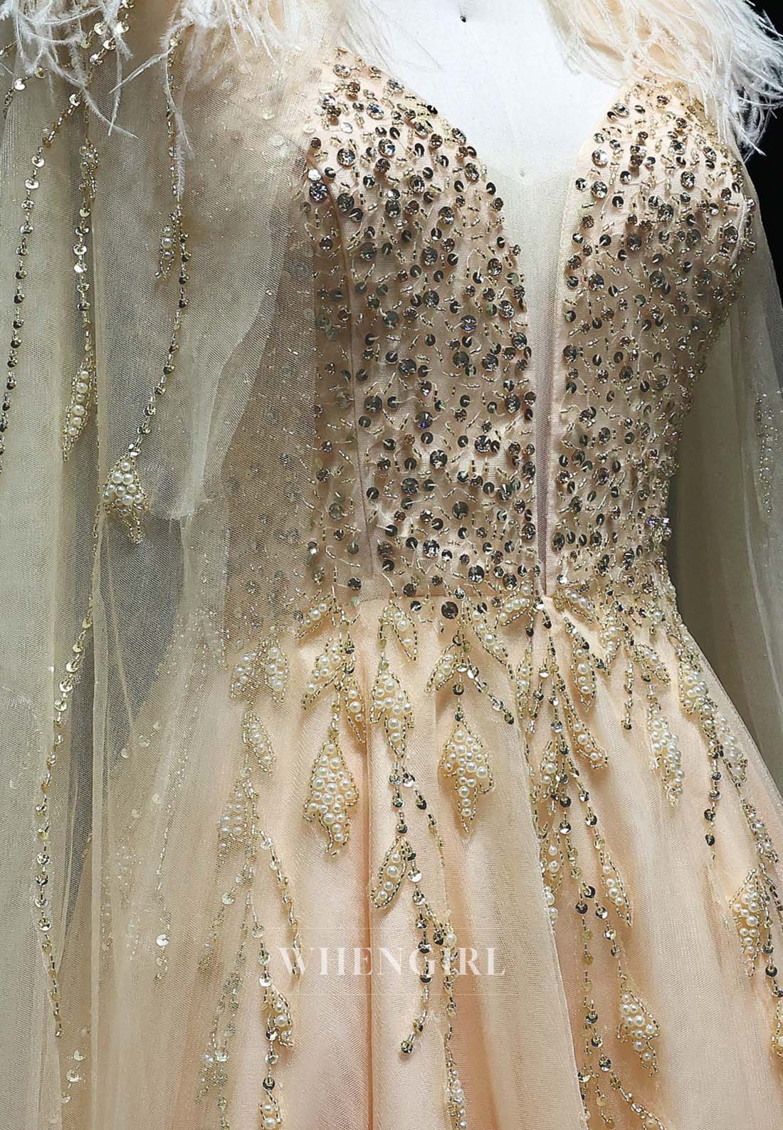 Champagne V Neck Sleeveless Pearl Beaded Feather A-Line Formal Evening Dress