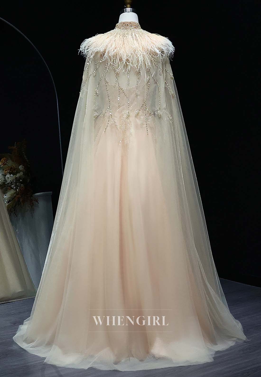 Champagne V Neck Sleeveless Pearl Beaded Feather A-Line Formal Evening Dress