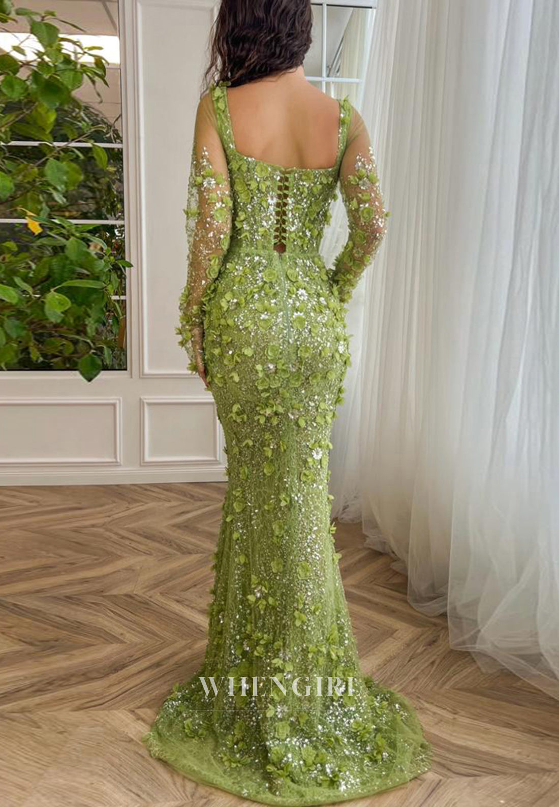 Green Sweetheart Long Sleeves Lace Up Sheath Formal Evening Dress with Sweep Train