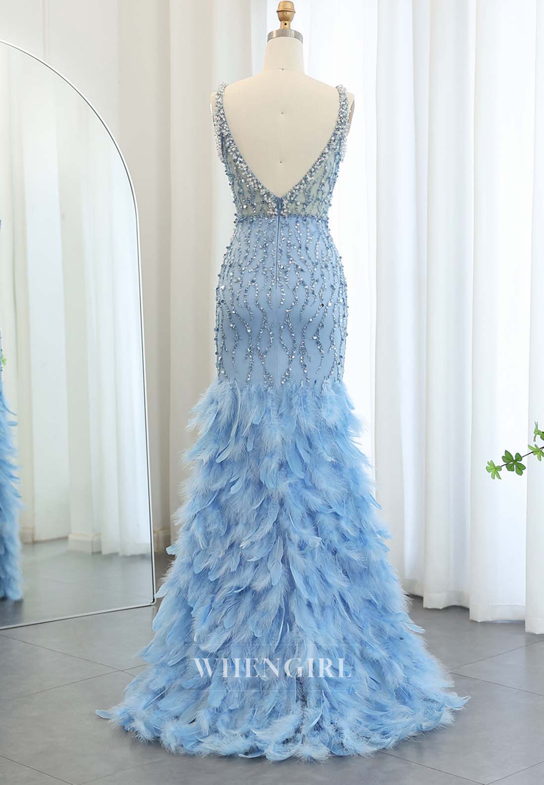 Blue V Neck Sleeveless Beaded Feather Side Slit Back Zipper Mermaid Evening Formal Dress