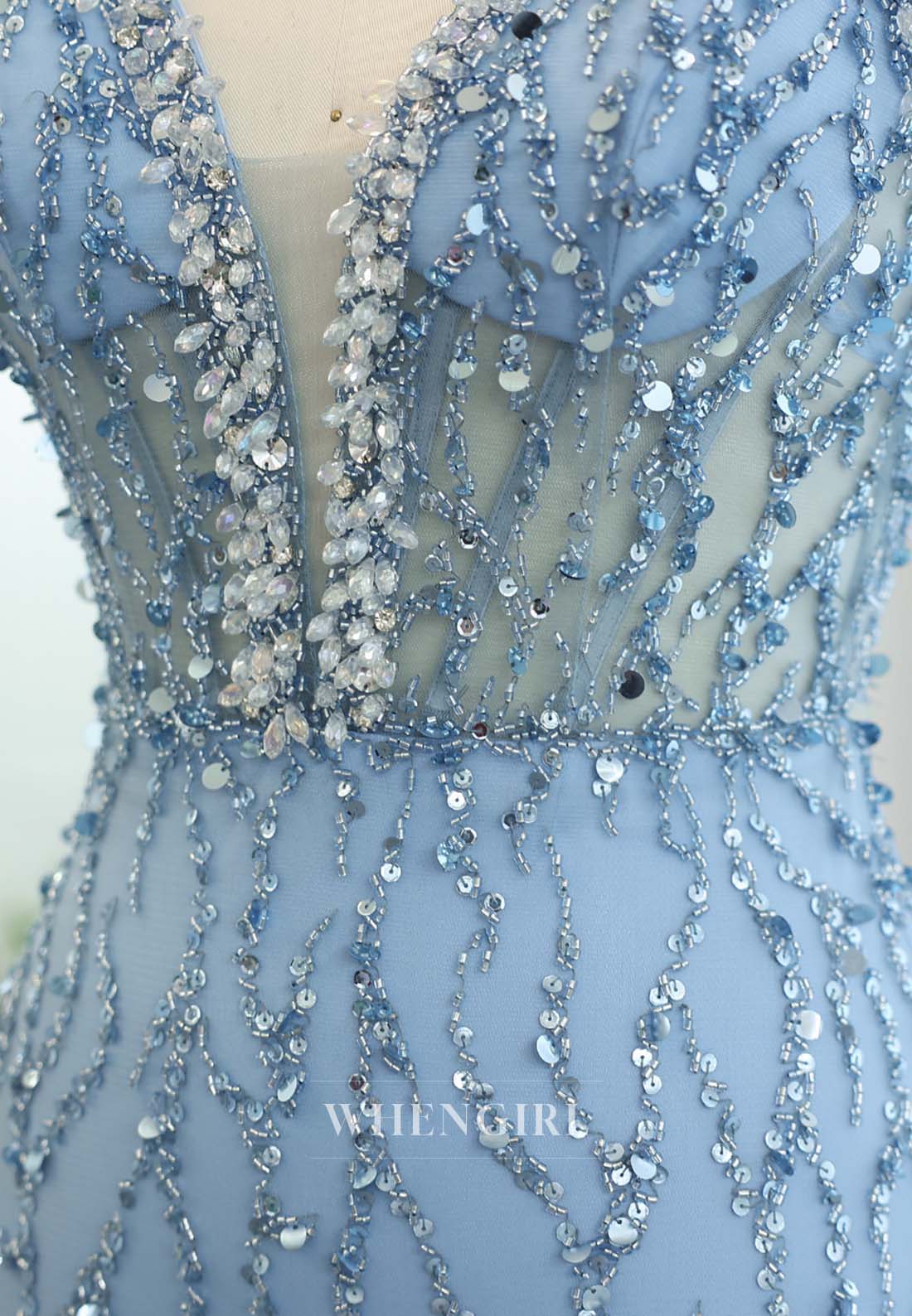 Blue V Neck Sleeveless Beaded Feather Side Slit Back Zipper Mermaid Evening Formal Dress