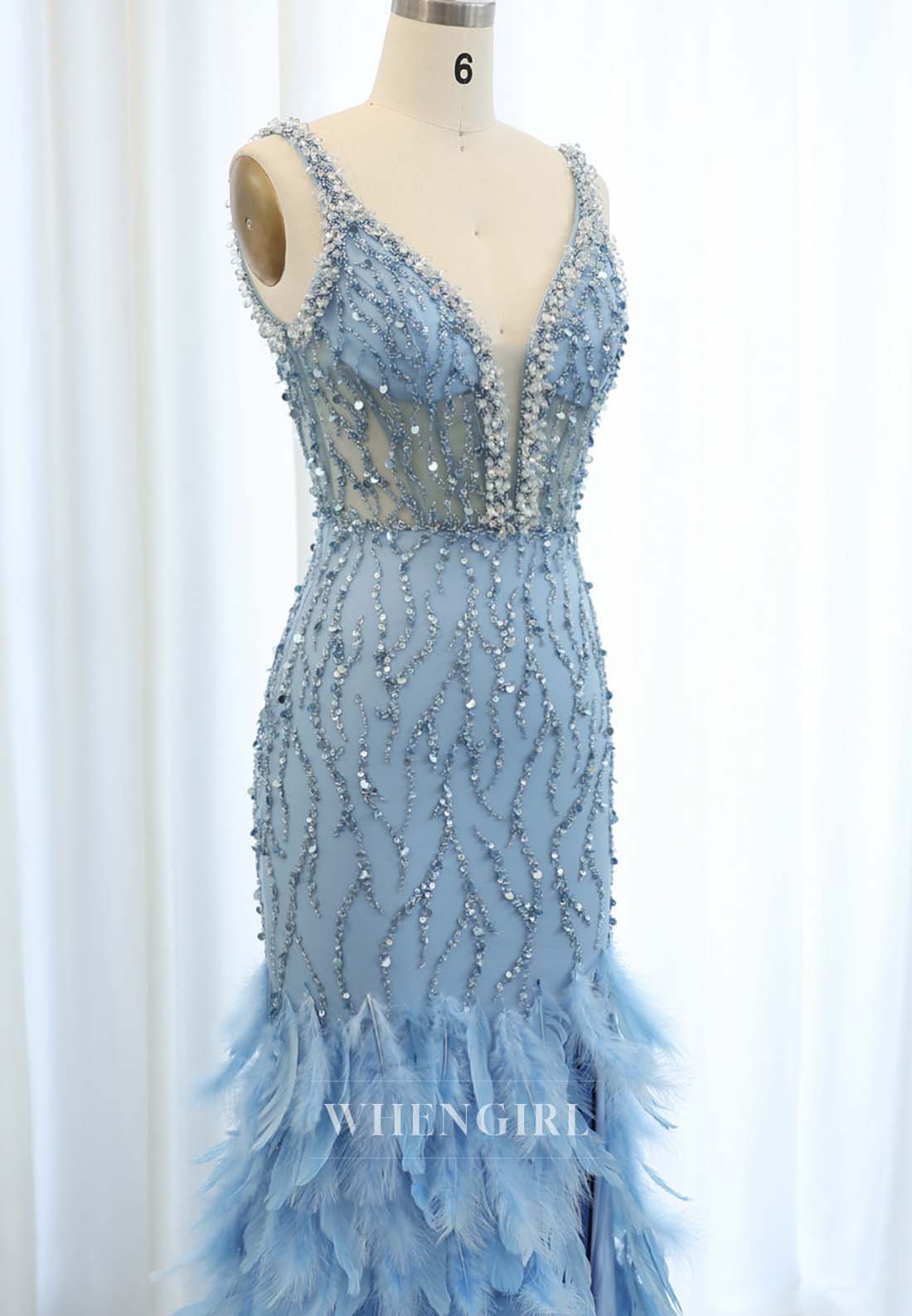 Blue V Neck Sleeveless Beaded Feather Side Slit Back Zipper Mermaid Evening Formal Dress