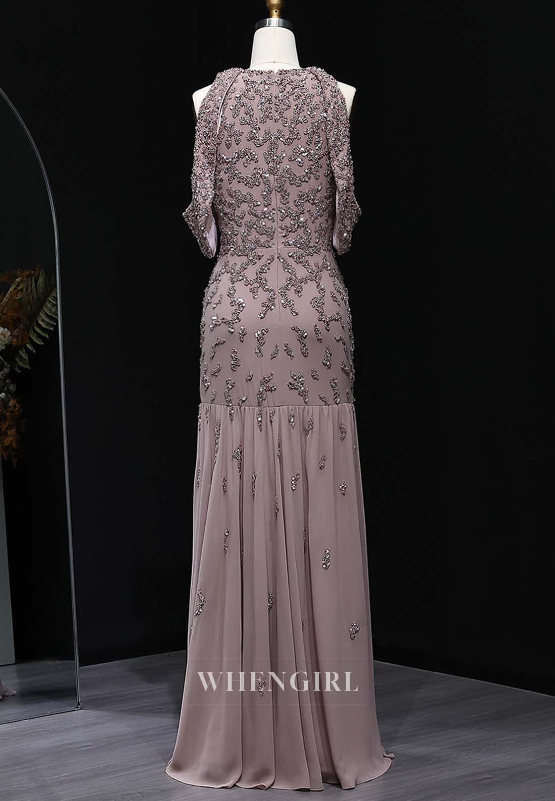 Wisteria Bateau Neck Sleeveless Formal Gown Beaded Pleated Floor Length Column Evening Dress