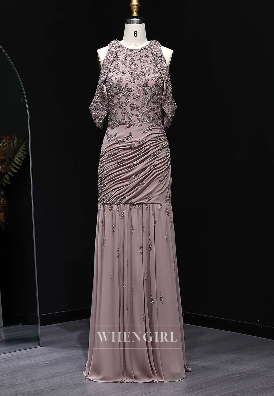 Wisteria Bateau Neck Sleeveless Formal Gown Beaded Pleated Floor Length Column Evening Dress
