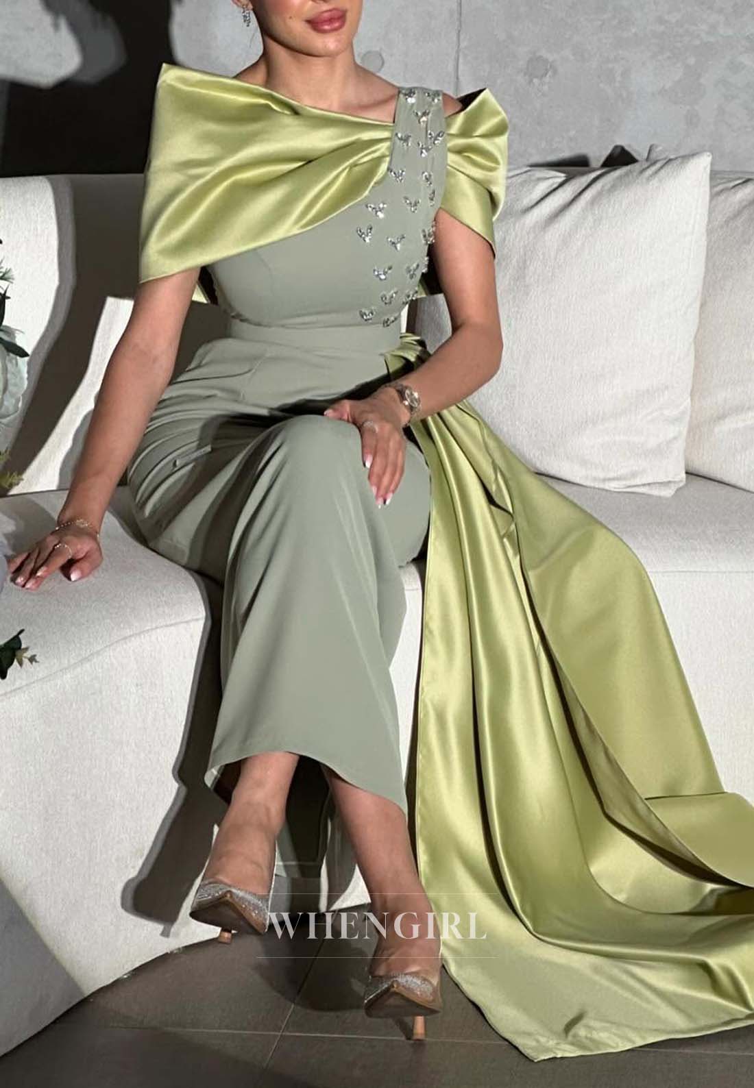 Green Asymmetrical Neck Sheath Beaded Ankle Length Formal Dress Evening Gown with Side Train