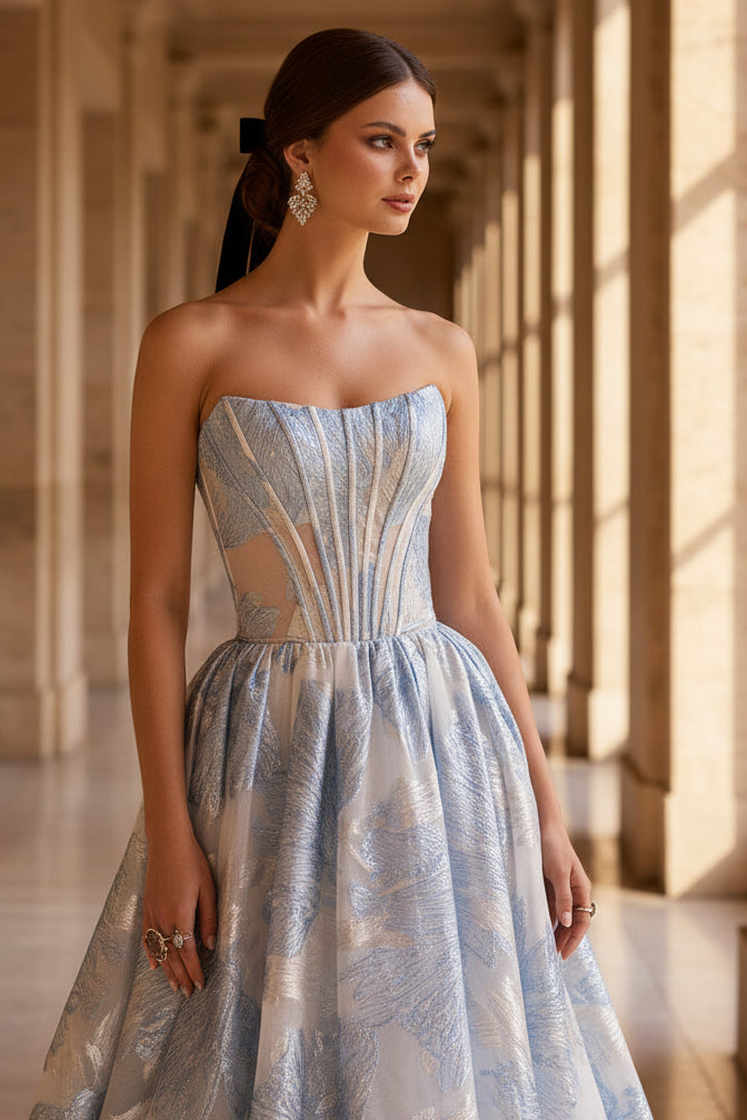 Blue A-Line Strapless Side Slit Floral Prom Dress