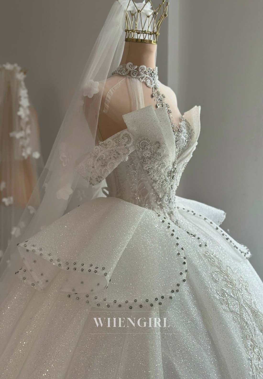 Luxury High Neck Sleeveless Rhinestone Pearls Beaded A-Line Long Wedding Dress