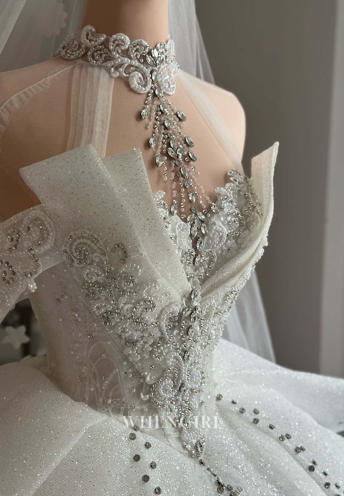 Luxury High Neck Sleeveless Rhinestone Pearls Beaded A-Line Long Wedding Dress