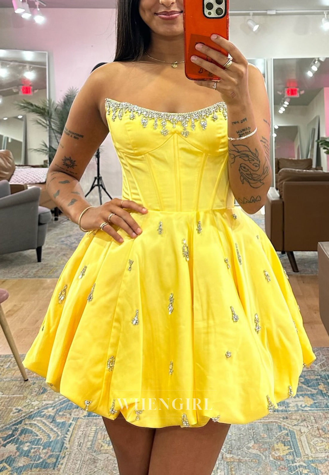 A-Line Bateau Neck Sleeveless Strapless Beads Satin Homecoming Dress