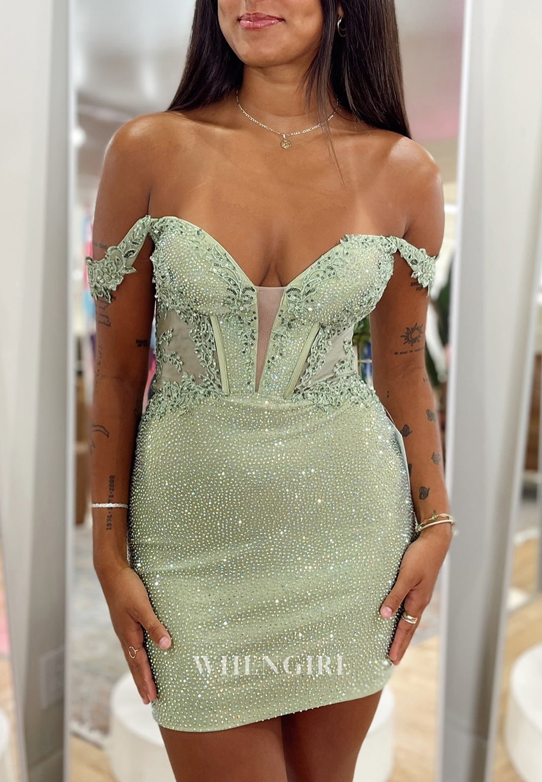 Dusty Sage V Neck Off Shoulder Rhinestones Beading Sheath Short Homecoming Dress