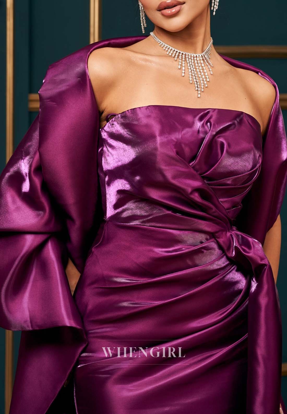 Orchid Ruched Sheath Strapless Long Formal Dress Evening Gown with Cape