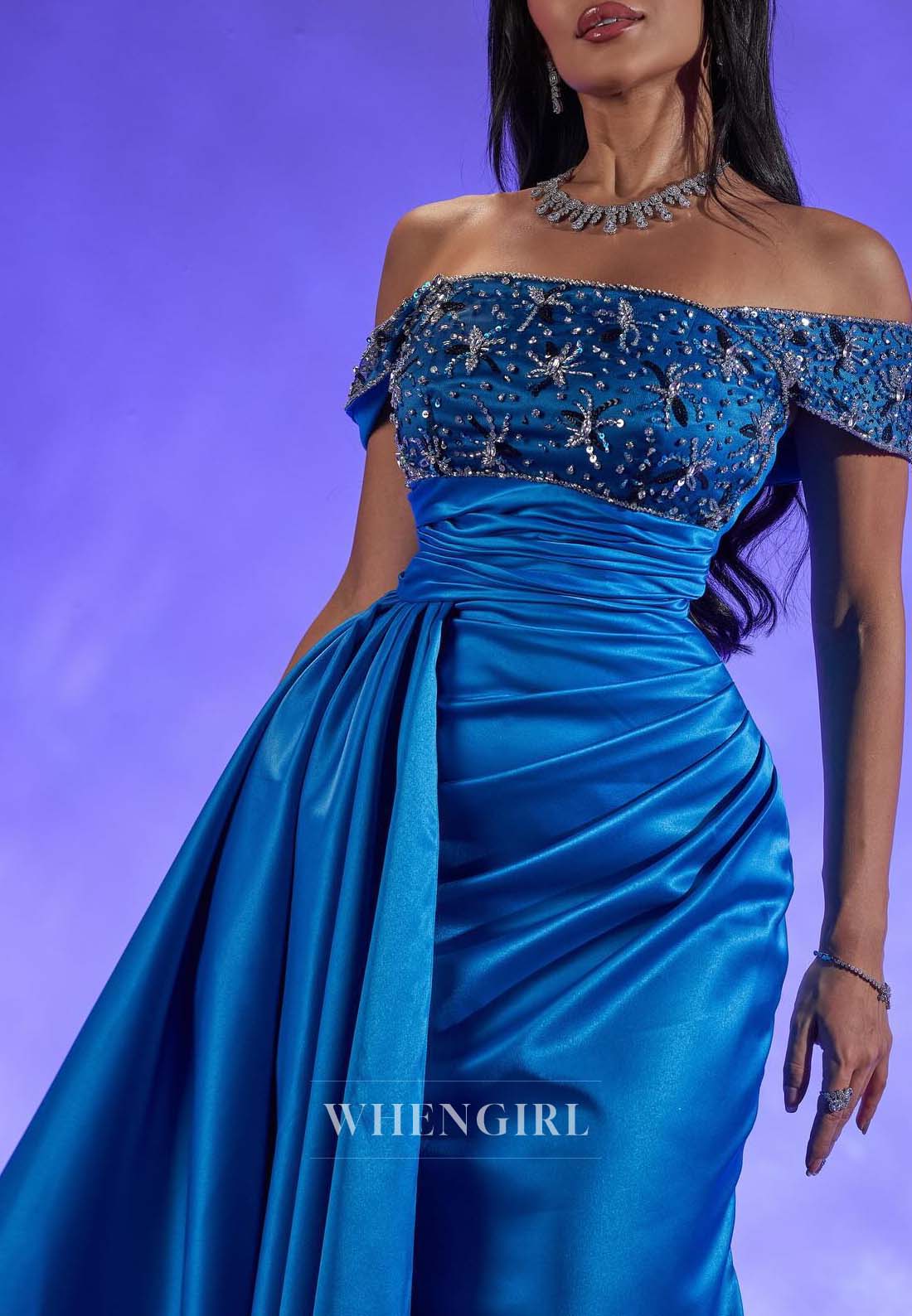 Ocean Blue Off Shoulder Rhinestone Beading Formal Dress Sleeveless Back Zipper Pleated Sheath Evening Gown