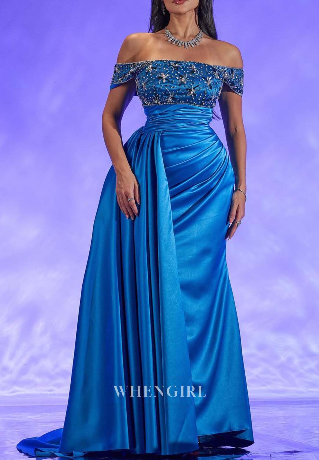 Ocean Blue Off Shoulder Rhinestone Beading Formal Dress Sleeveless Back Zipper Pleated Sheath Evening Gown