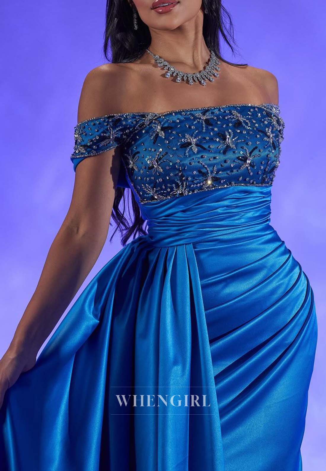 Ocean Blue Off Shoulder Rhinestone Beading Formal Dress Sleeveless Back Zipper Pleated Sheath Evening Gown