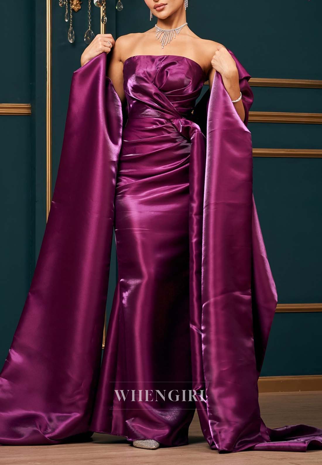 Orchid Ruched Sheath Strapless Long Formal Dress Evening Gown with Cape