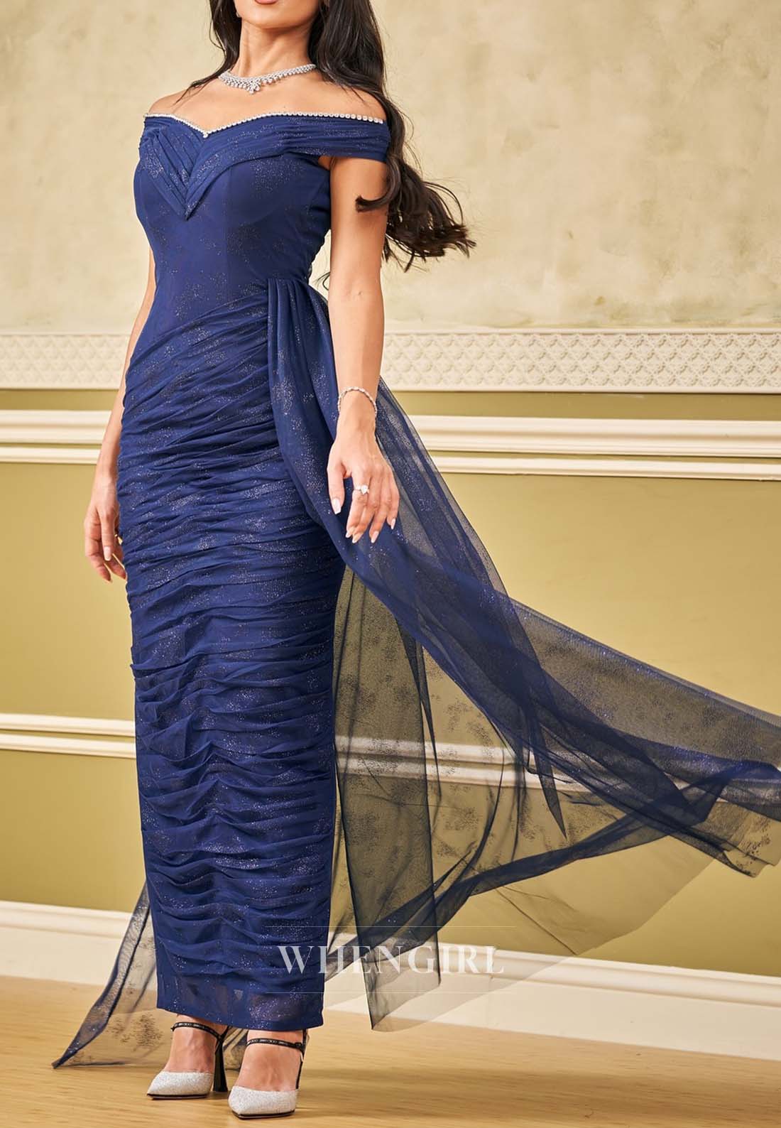 Navy Off Shoulder Sheath Evening Dress Pleared Sleeveless V Neck Formal Dress
